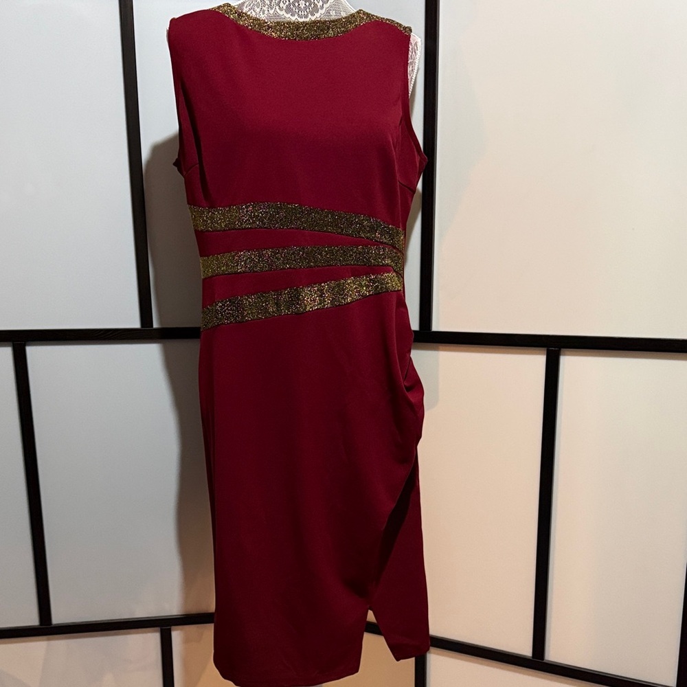 SHEIN Wine Red Midi Dress with Gold Glitter Stripes
